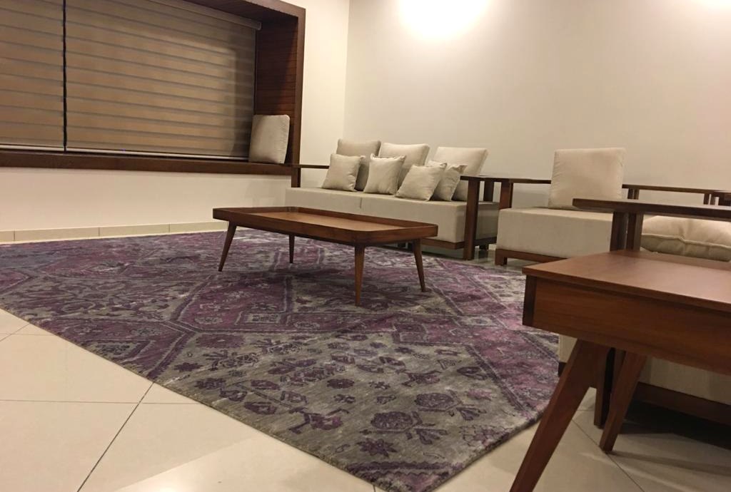 A second view of the bamboo silk rug in the client&rsquo;s living room, taken from a different angle