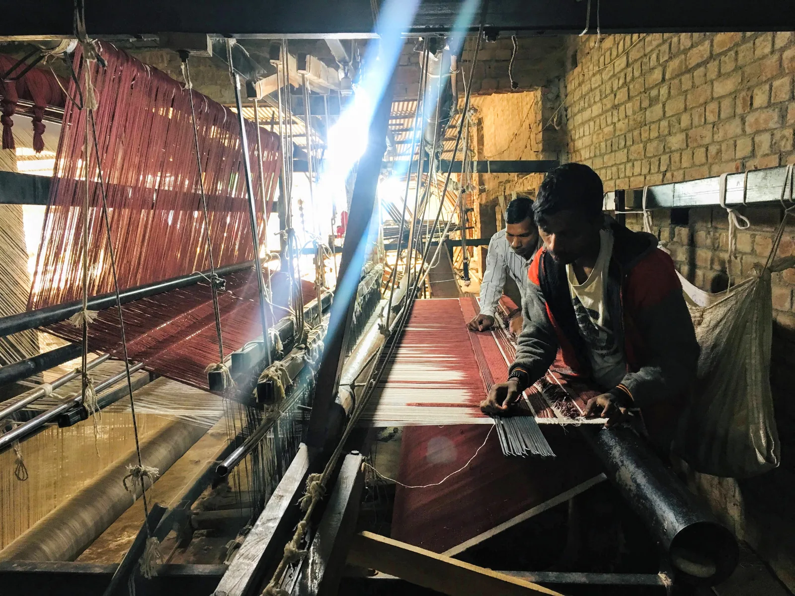 Broadloom-woven rug on a wide handloom at PiHue, Bhadohi
