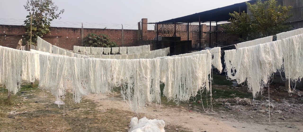 Stage 03 — wide view of the drying yard, dyed yarn stretching across the field