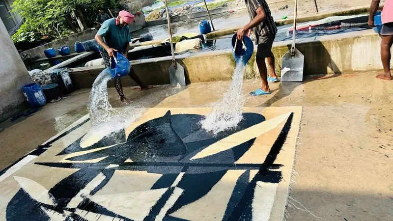 A hand-knotted rug being washed on the finishing floor, water pooling on the pile