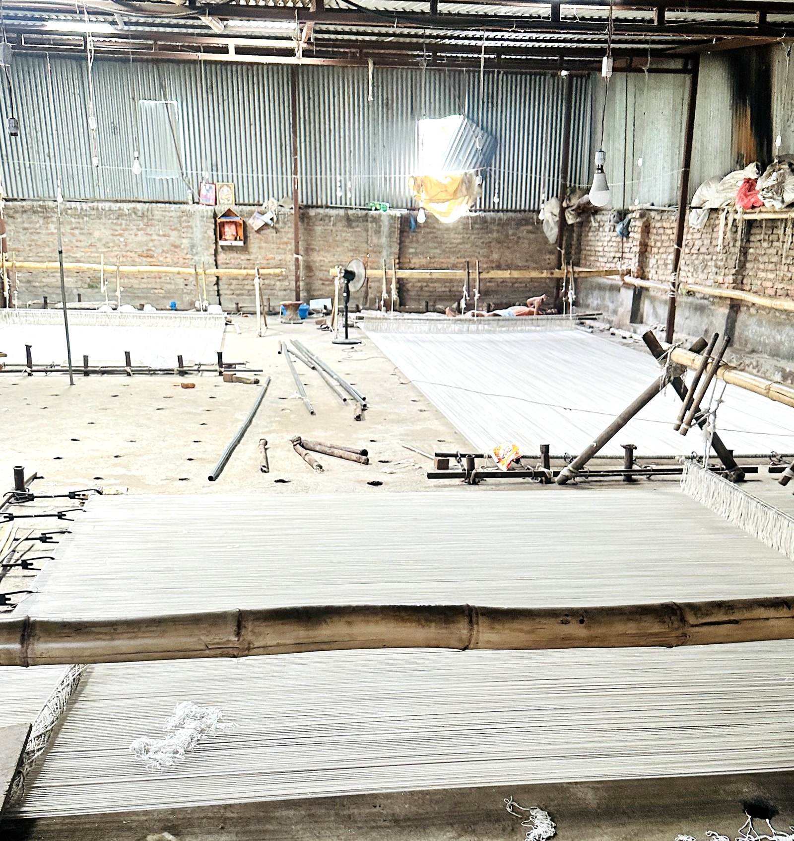 Stage 04 — the weaving hall in Bhadohi, hand-knotted rugs on vertical looms